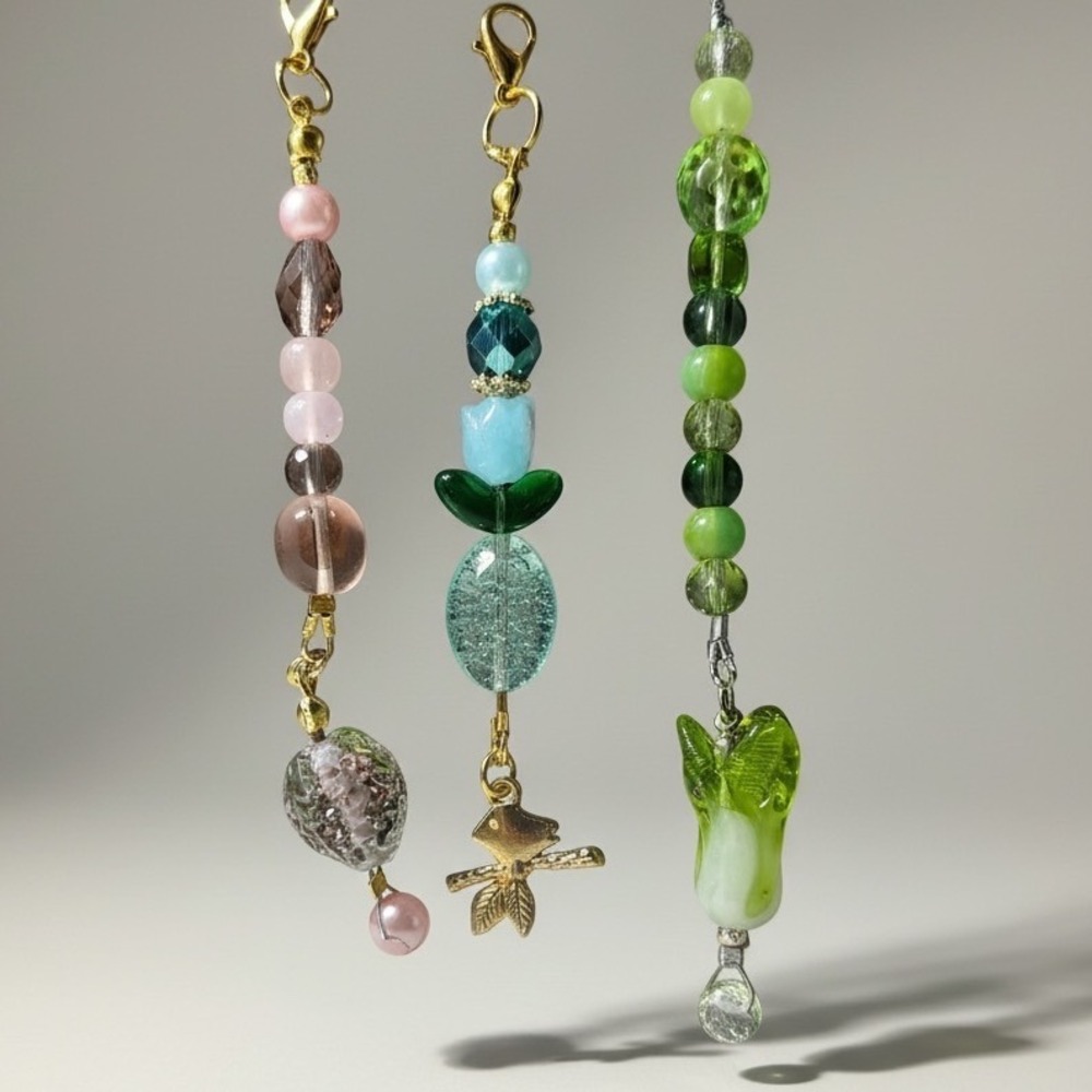 Handmade Beaded Keychain Set 3pc Bird Bok Choy Glass Bead Charms Green Pink Teal